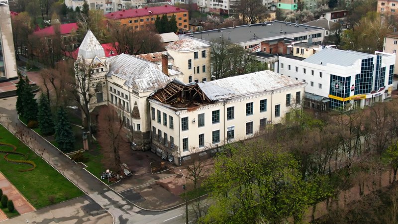 The damaged roof of the building, 2022